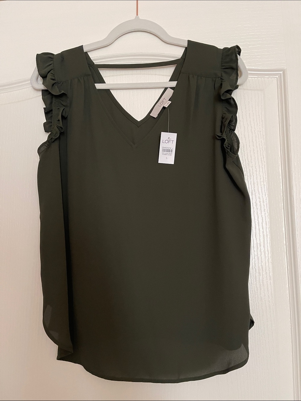 LOFT Olive Ruffle Sleeveless V-Neck Blouse, size small